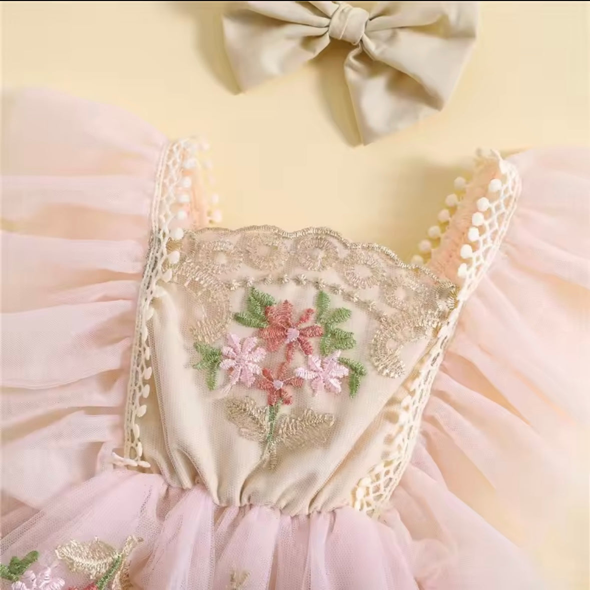 🌸 Premium Floral Embroidered Tulle Romper – Baby Girl Princess Outfit with Headband (0–3M)
