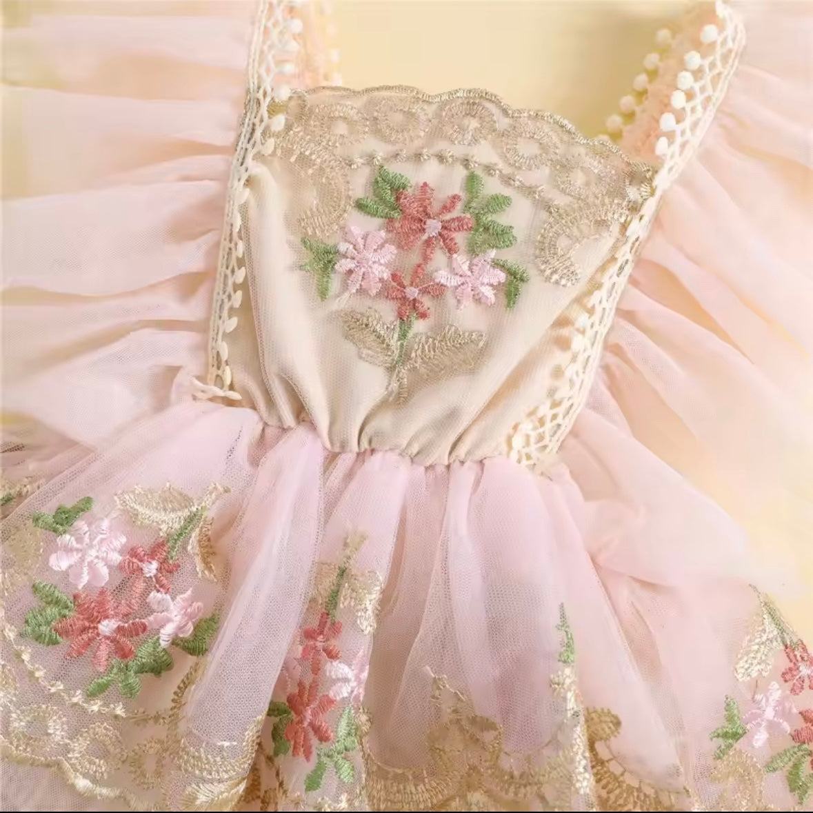 🌸 Premium Floral Embroidered Tulle Romper – Baby Girl Princess Outfit with Headband (0–3M)