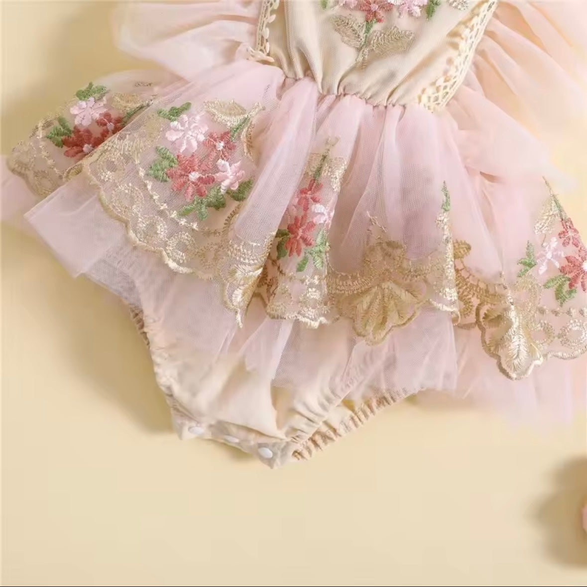 🌸 Premium Floral Embroidered Tulle Romper – Baby Girl Princess Outfit with Headband (0–3M)