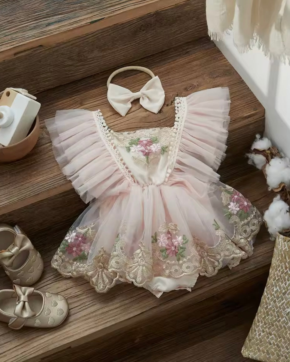 🌸 Premium Floral Embroidered Tulle Romper – Baby Girl Princess Outfit with Headband (0–3M)