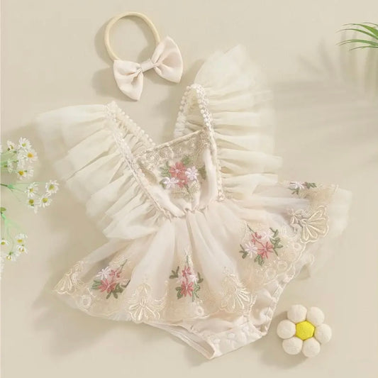 Ivory Angel Wings Tulle Romper with Floral Embroidery – Size 0–3M