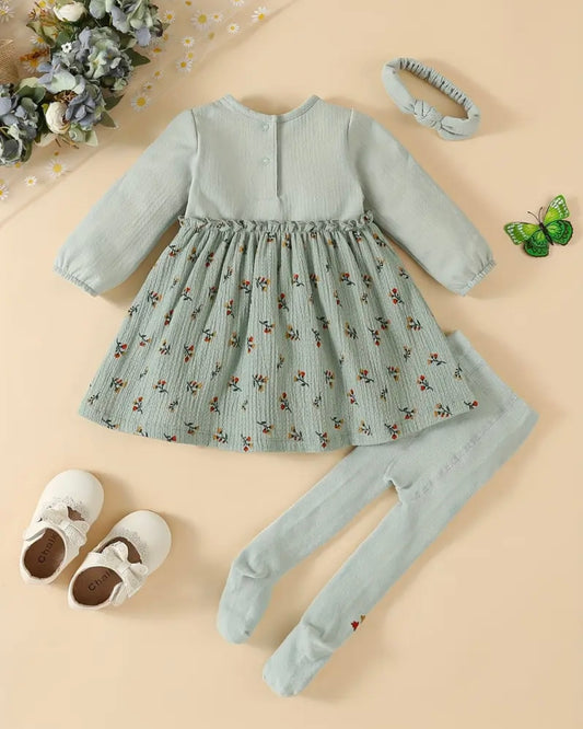 Baby Girl Sage Green Embroidered Dress Outfit Set with Tights & Headband – Size 12-18M