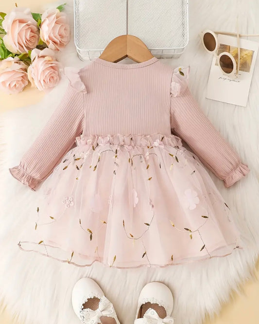 Baby Girl Blush Pink Tulle Dress with Floral Embroidery & Bow Details – Size 3–6M