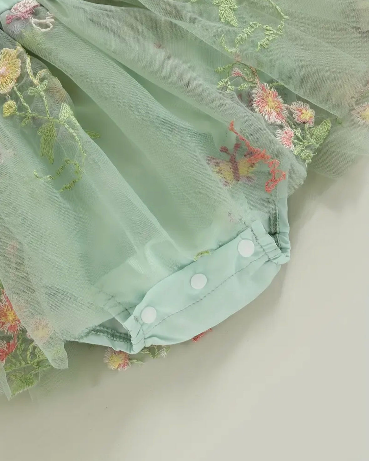 Baby Girl Mint Green Floral Embroidered Tulle Romper with Bow Back – Size 3–6M