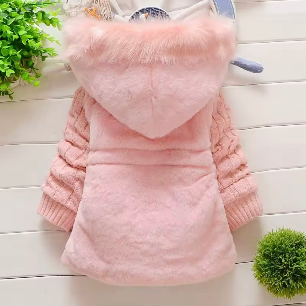 Plush Pink Hooded Winter Coat with Cable Knit Sleeves – Sizes 12–18M & 4T