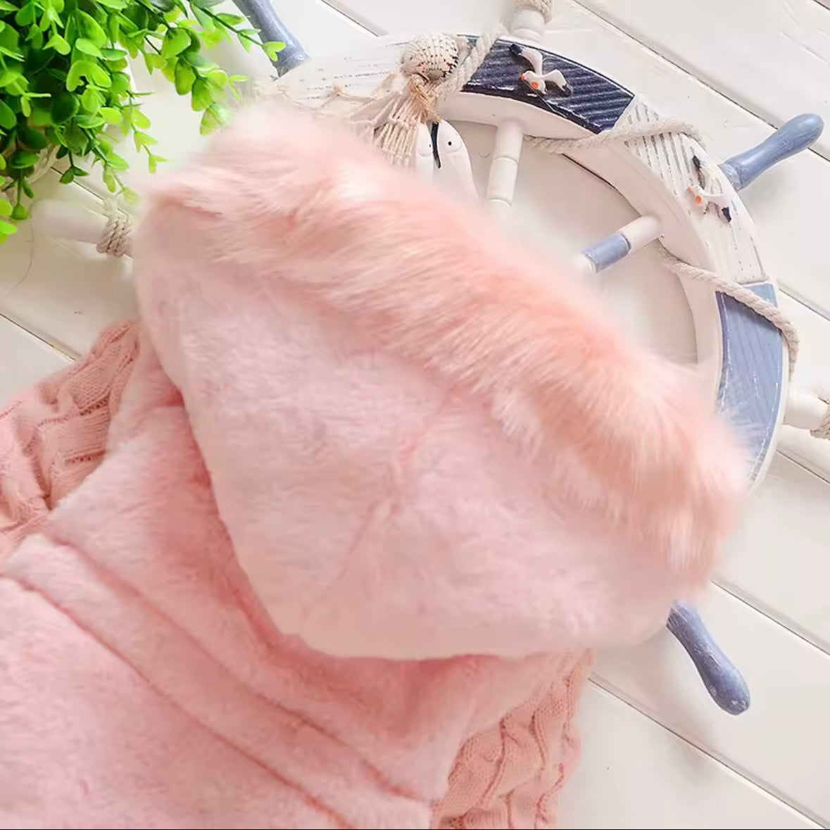Plush Pink Hooded Winter Coat with Cable Knit Sleeves – Sizes 12–18M & 4T