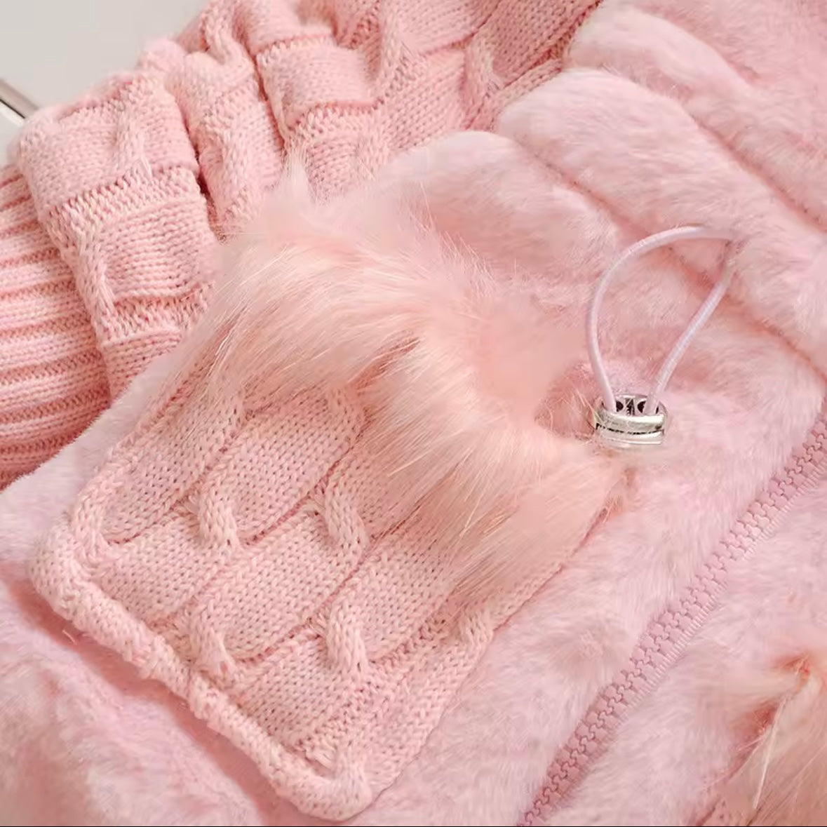 Plush Pink Hooded Winter Coat with Cable Knit Sleeves – Sizes 12–18M & 4T