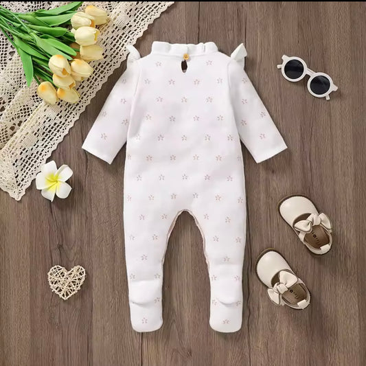 Knit White Ruffle Baby Romper with Tiny Floral Embroidery – Size 0-3m