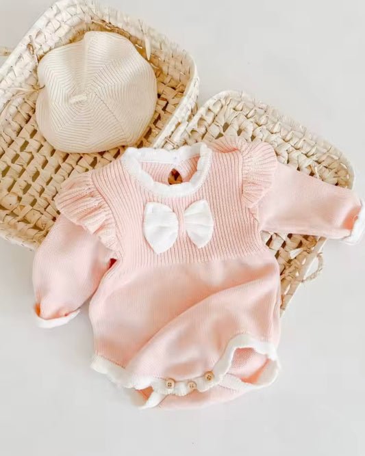 Blush Pink Knit Baby Romper with Bow – Long Sleeve Ruffle Bodysuit | Size 3–6M