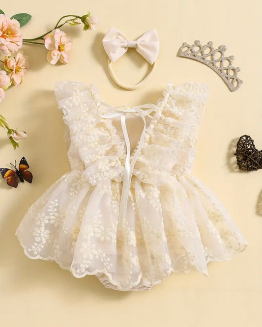 Ivory Floral Lace Baby Romper with Satin Bow Headband – Princess Tulle Dress Style | Size 0–3M