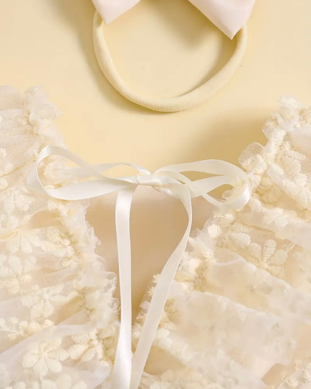 Ivory Floral Lace Baby Romper with Satin Bow Headband – Princess Tulle Dress Style | Size 0–3M