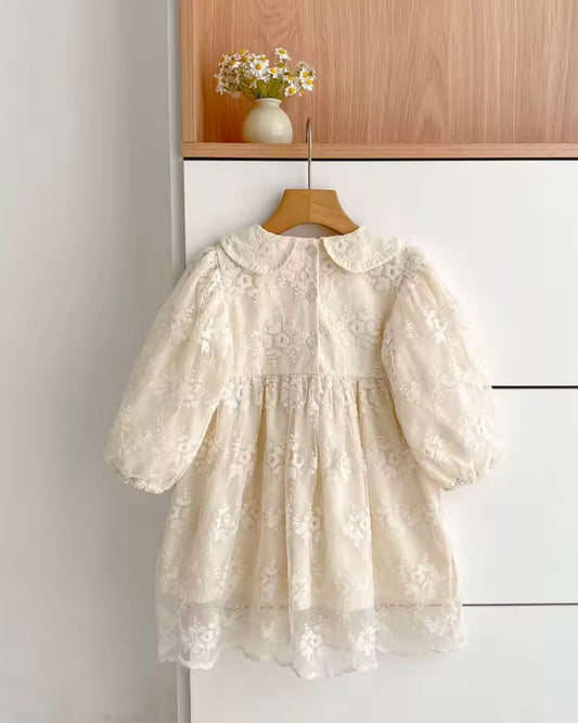 Ivory Floral Lace Long-Sleeve Dress – Vintage Peter Pan Collar | Size 3T