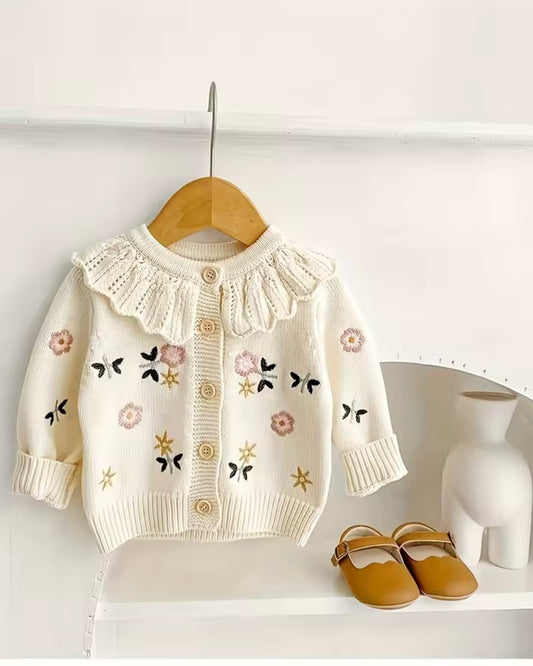 Soft Knit Embroidered Baby Cardigan – Floral & Butterfly Sweater with Lace Collar | Adorable Photo Outfit | Perfect Baby Gift 9–12M