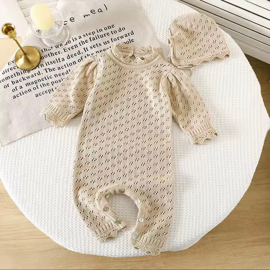 Beige Knit Baby Romper Set with Matching Bonnet | Soft Vintage Infant Outfit | Perfect Gift for Newborn Photos. Size 3 Months