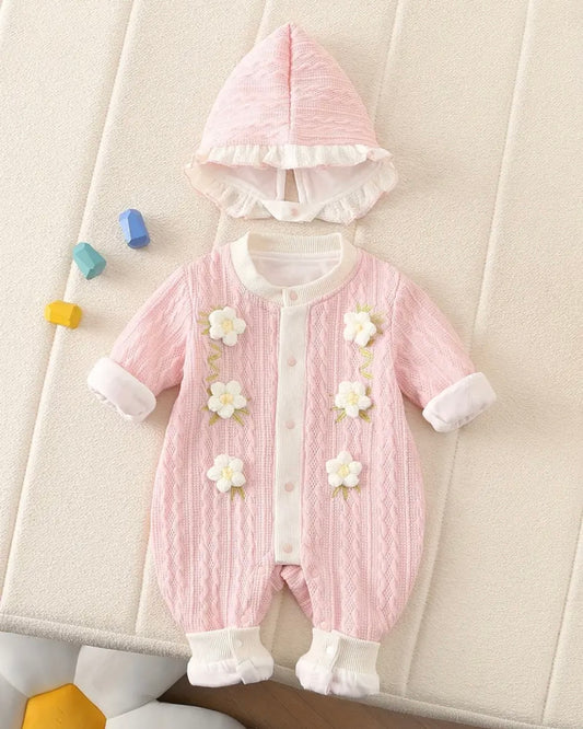Baby Girl Knit Hooded Romper+hat • Soft Winter Outfit • Embroidered Floral Jumpsuit • Ruffle Hood Onesie • size 3–6M Pink OR White