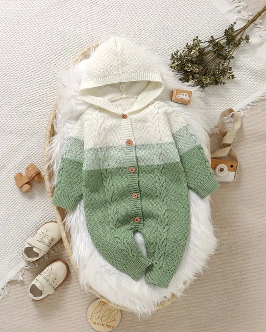 Green Hooded Knit Baby Romper – 1–3M