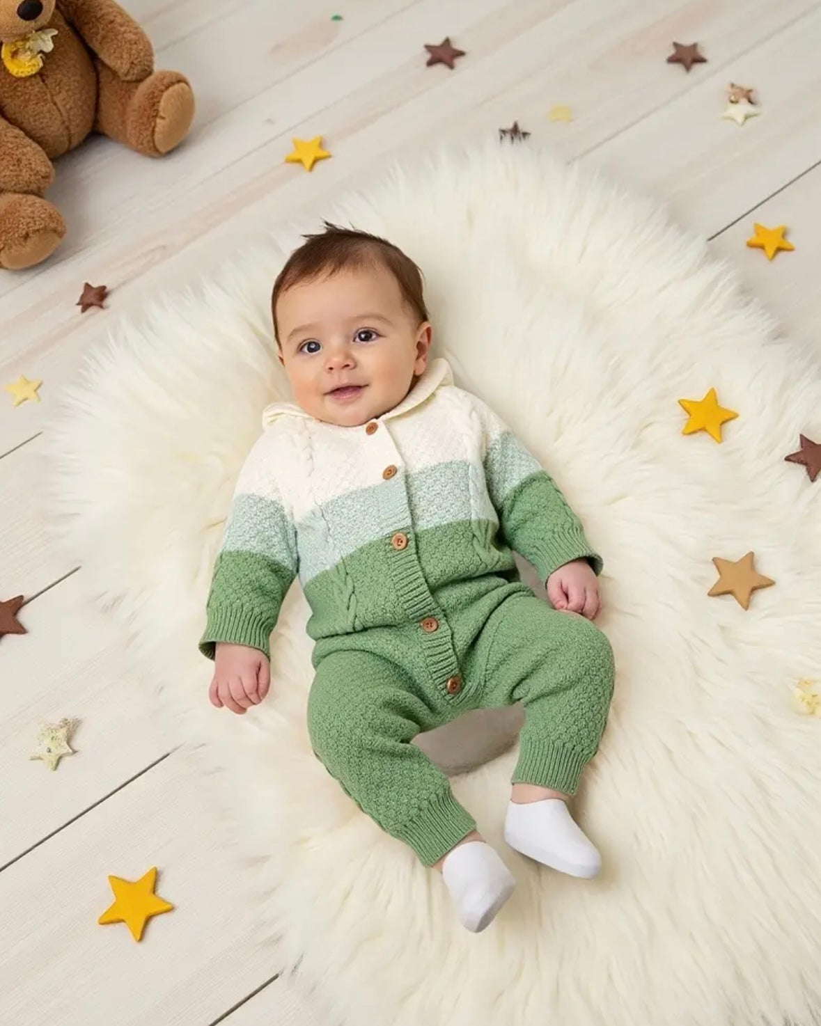 Green Hooded Knit Baby Romper – 1–3M