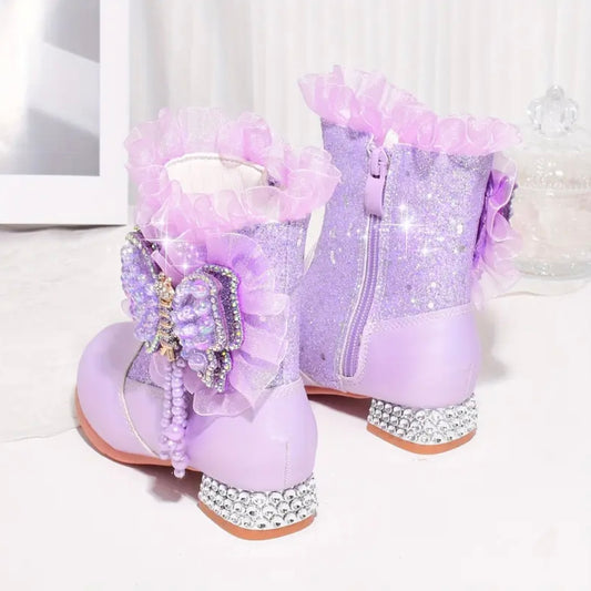 Lavender Glitter Butterfly Princess Boots – U.S. Size 11 | Toddler Girls Sparkly Dress-Up Shoes