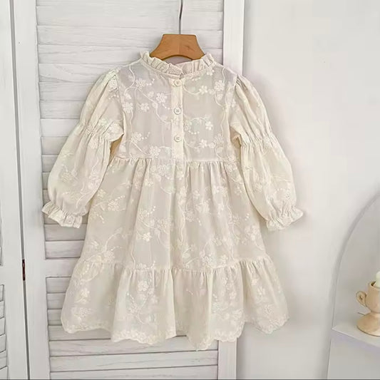Ivory Embroidered Lace Dress – Size 4 | Vintage-Inspired Long Sleeve Girls Dress