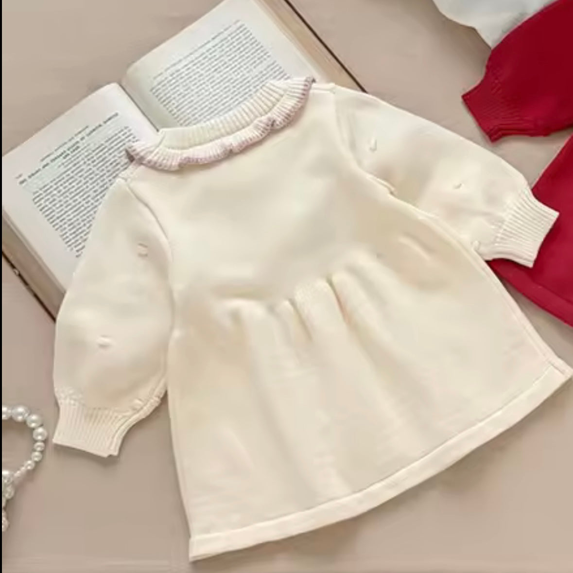 Strawberry Knit Dress – Size 12M | Cream Baby Girl Sweater Dress with Berries