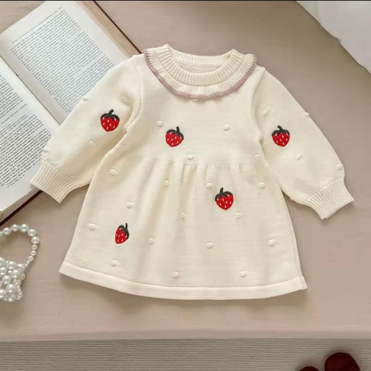 Strawberry Knit Dress – Size 12M | Cream Baby Girl Sweater Dress with Berries