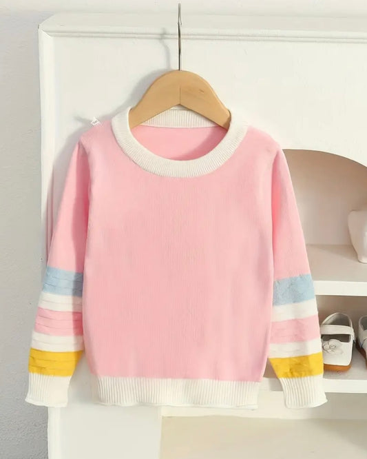 Pastel Rainbow Sleeve Knit Sweater – Size 2T | Soft Pink Pullover for Girls