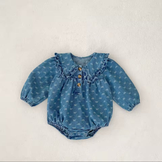 Vintage Denim Baby Romper – Size 6-9 Months | Ruffled Collar Long Sleeve Jumpsuit