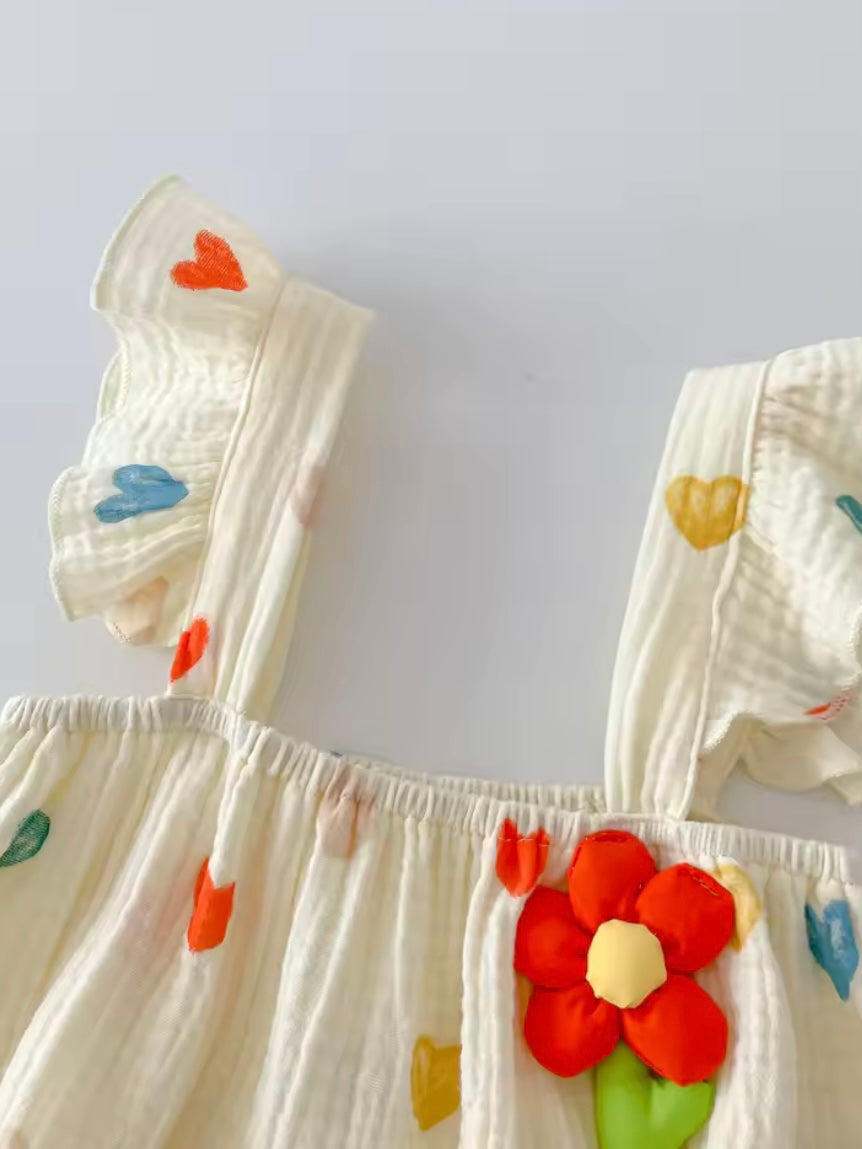 💕 Baby Girl Multi-Color Heart Romper with Matching Bonnet – Size 3–6M