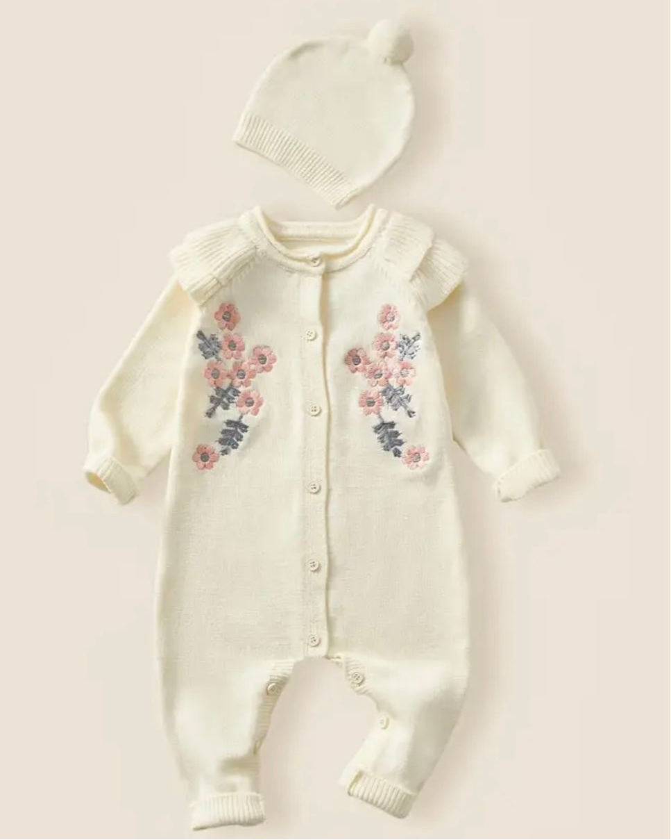 Floral Knit Baby Romper with Matching Hat – Cream (1–3M)