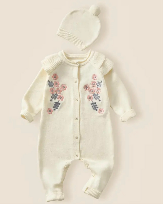 Floral Knit Baby Romper with Matching Hat – Cream (1–3M)