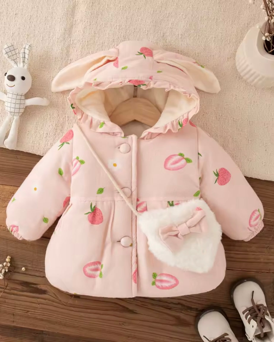 Pink Strawberry Bunny-Ear Winter Coat with Matching Purse | Baby Girl Jacket 9–12 and 12-18 Months