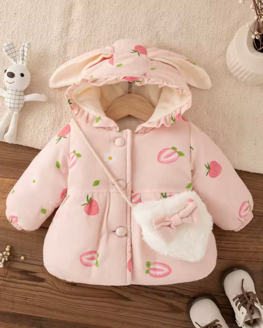 Pink Strawberry Bunny-Ear Winter Coat with Matching Purse | Baby Girl Jacket 9–12 and 12-18 Months