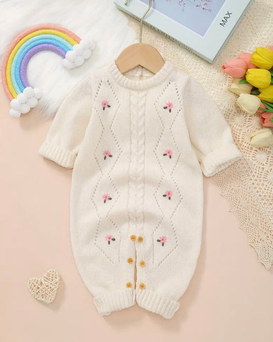 Cream Knit Baby Romper with Pink Floral Embroidery – Size 1–3M