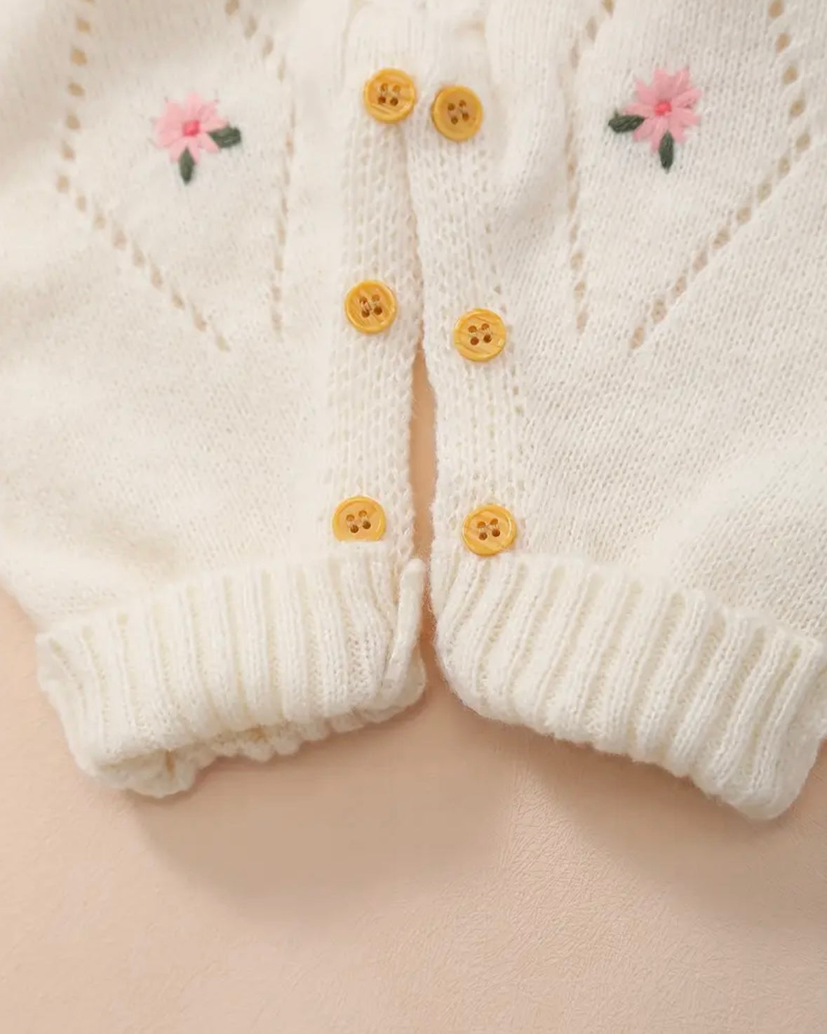 Cream Knit Baby Romper with Pink Floral Embroidery – Size 1–3M