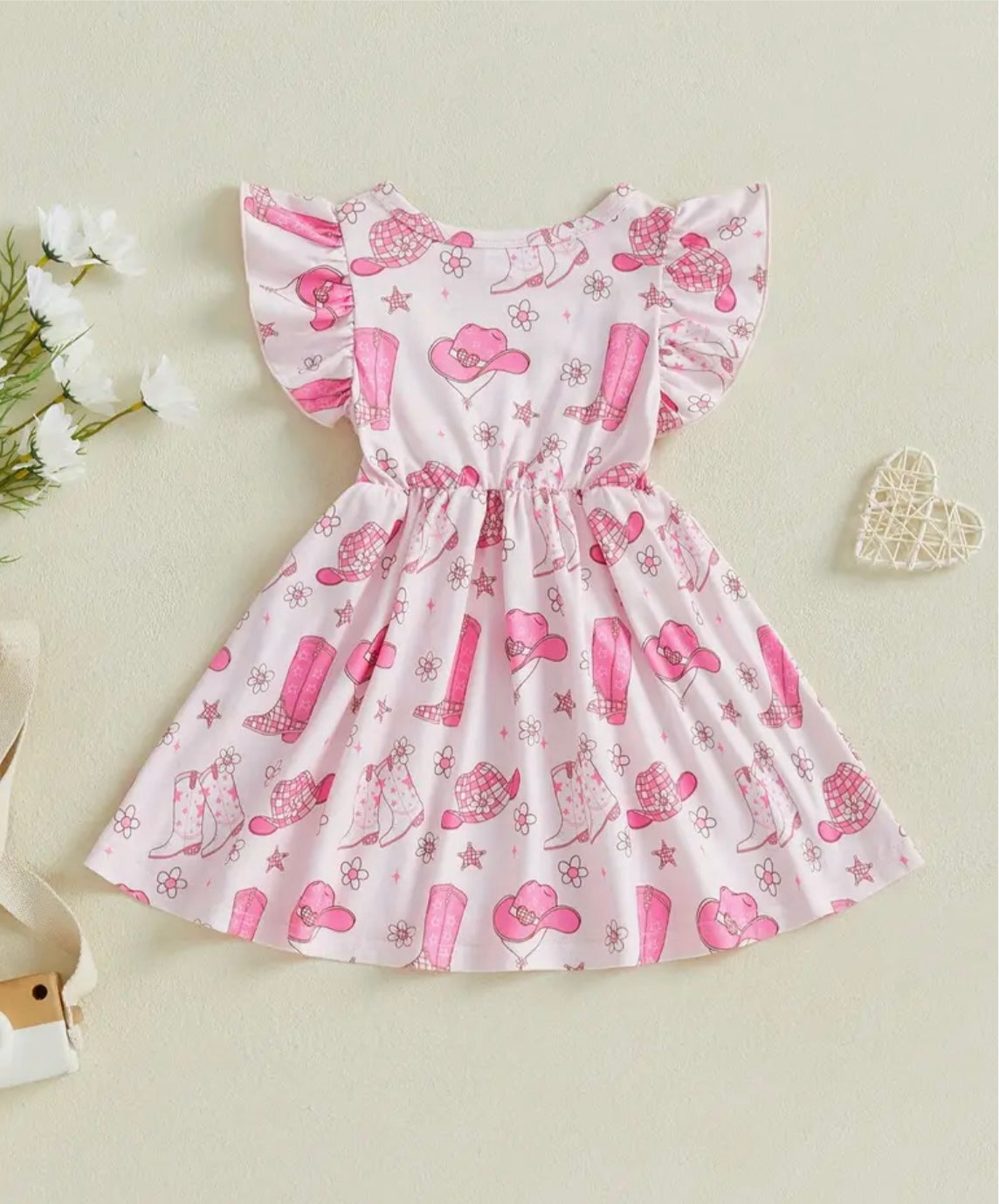Pink Cowgirl Boots & Hats Dress – Flutter Sleeve Girls Dress
