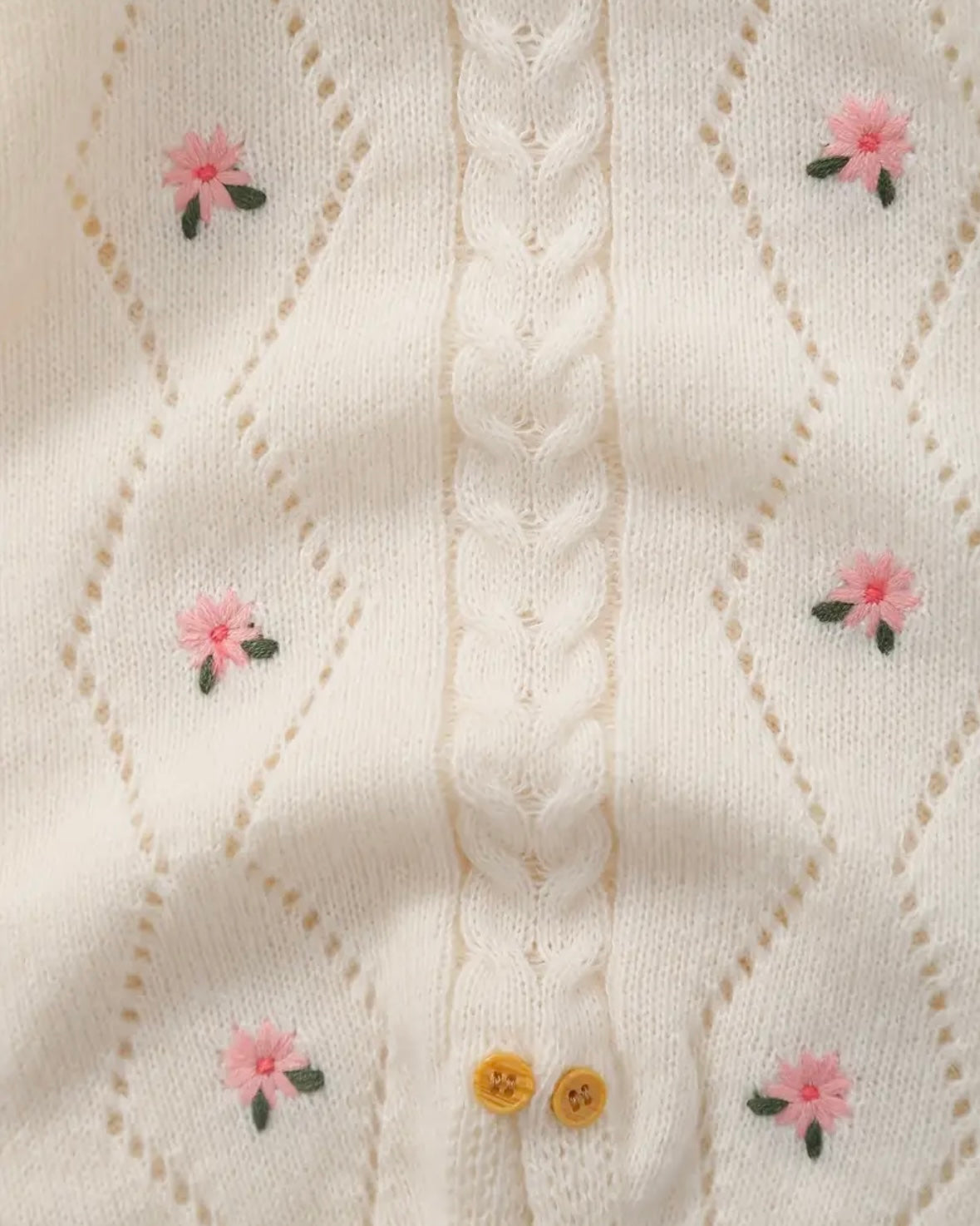 Cream Knit Baby Romper with Pink Floral Embroidery – Size 1–3M