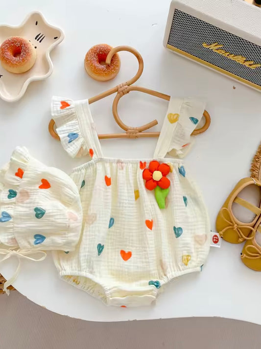 💕 Baby Girl Multi-Color Heart Romper with Matching Bonnet – Size 3–6M