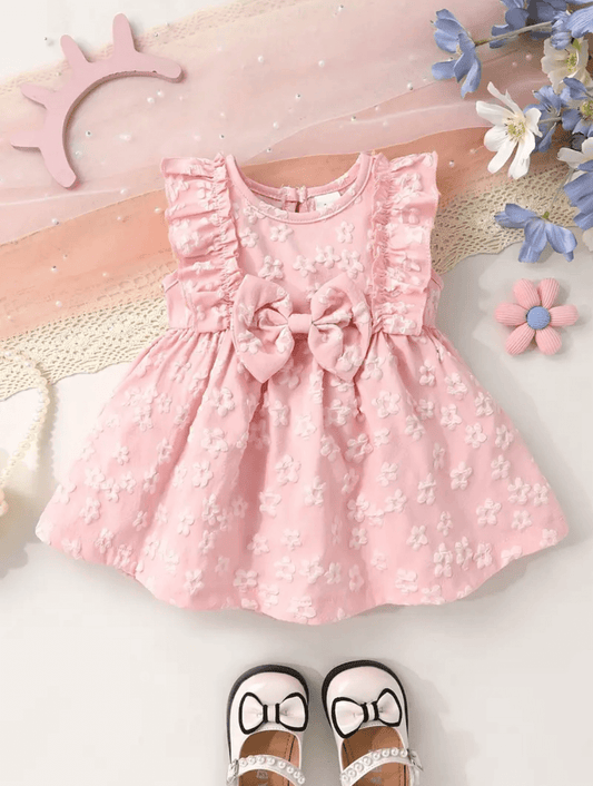 Pink Ruffle Bow Dress – 3D Floral Baby Girl Dress | Infant & Toddler Party Outfit