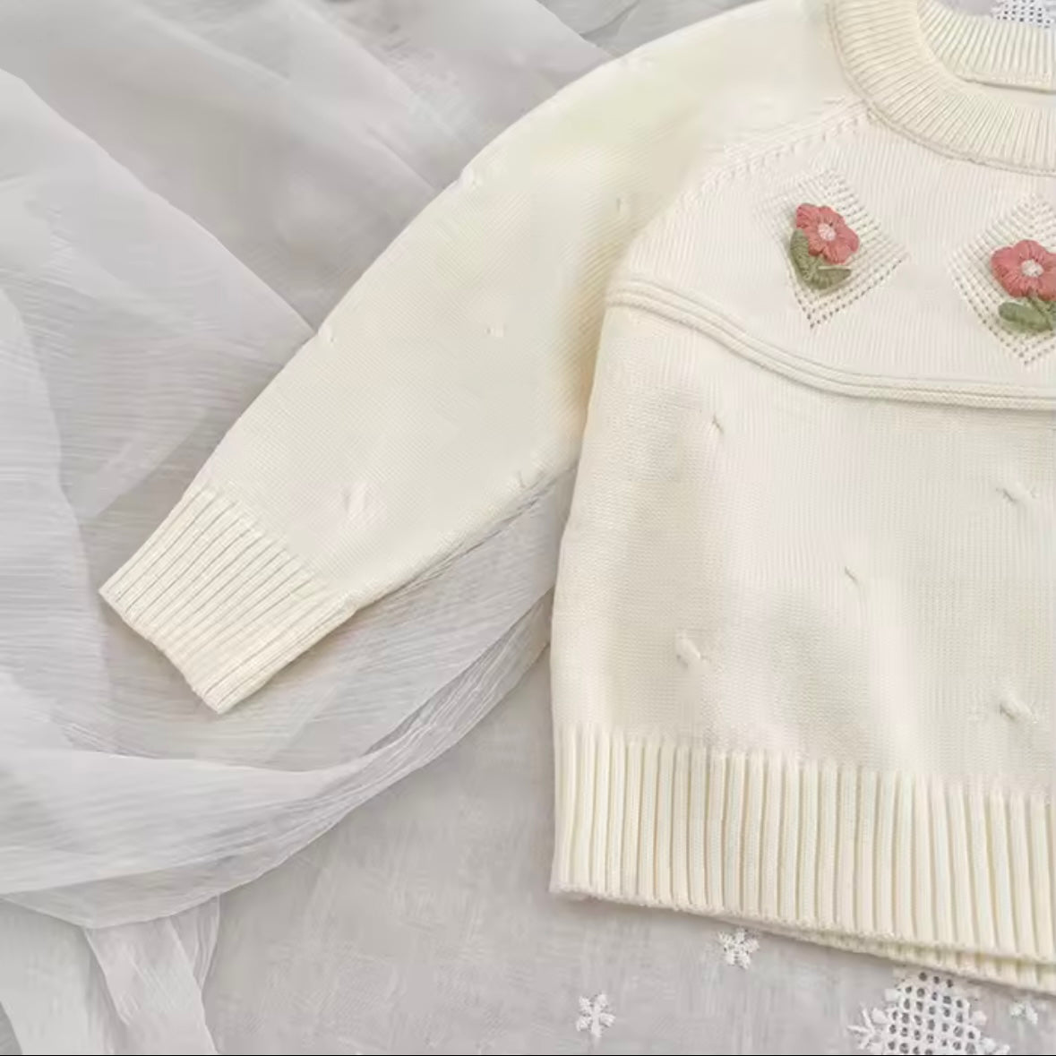 Cream Knit Floral Baby Outfit Set • 12M • Soft 2 Piece Sweater & Pants • Baby Girl Fall Winter Clothes • Cute Photo Outfit • Baby Shower Gift