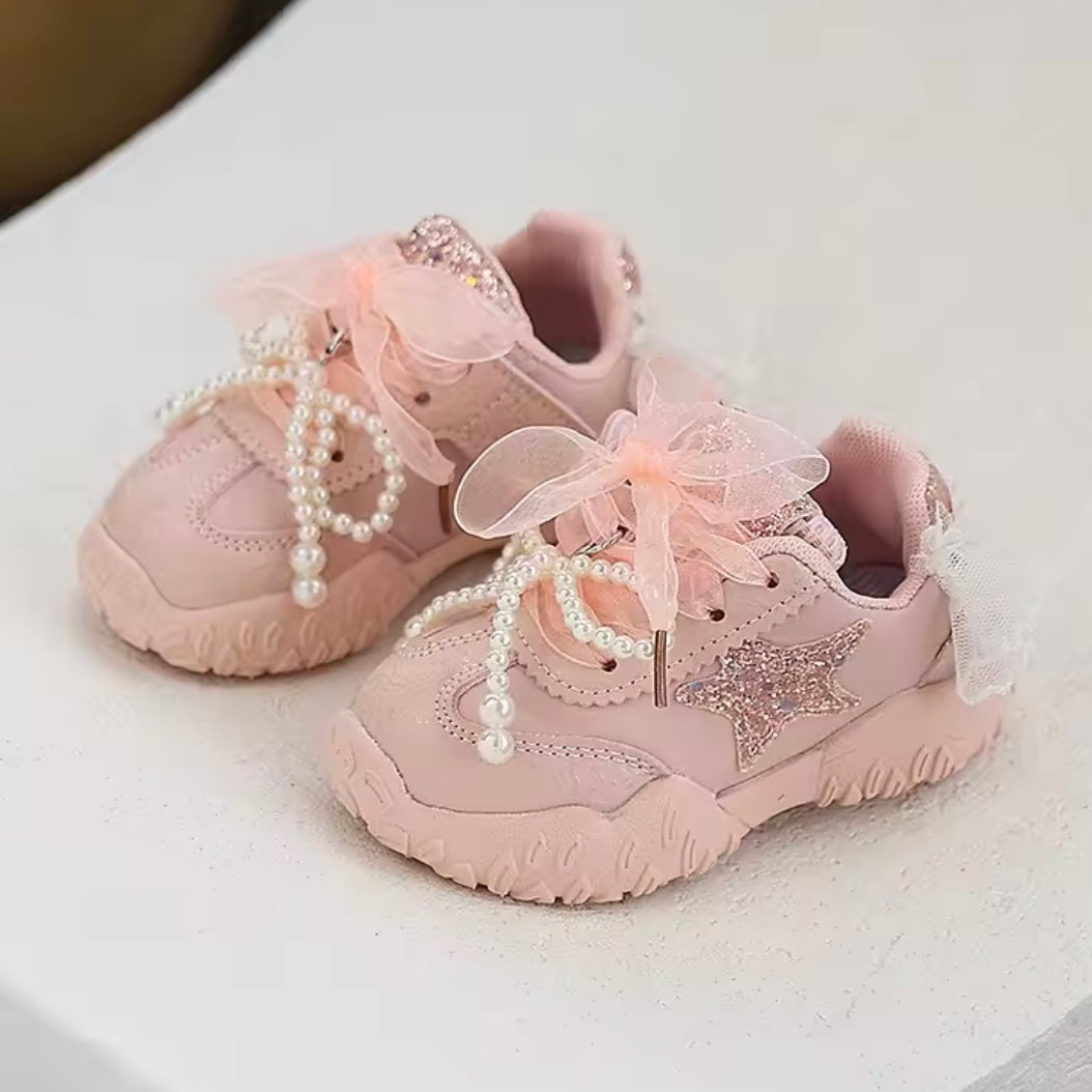 ✨ Pink Glitter Star Sneakers with Pearls & Bows – Toddler Girls Shoes (EU 23 / US 7)