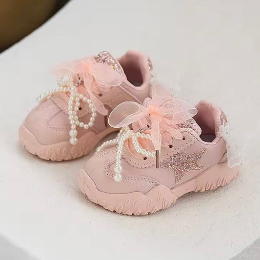 ✨ Pink Glitter Star Sneakers with Pearls & Bows – Toddler Girls Shoes (EU 23 / US 7)