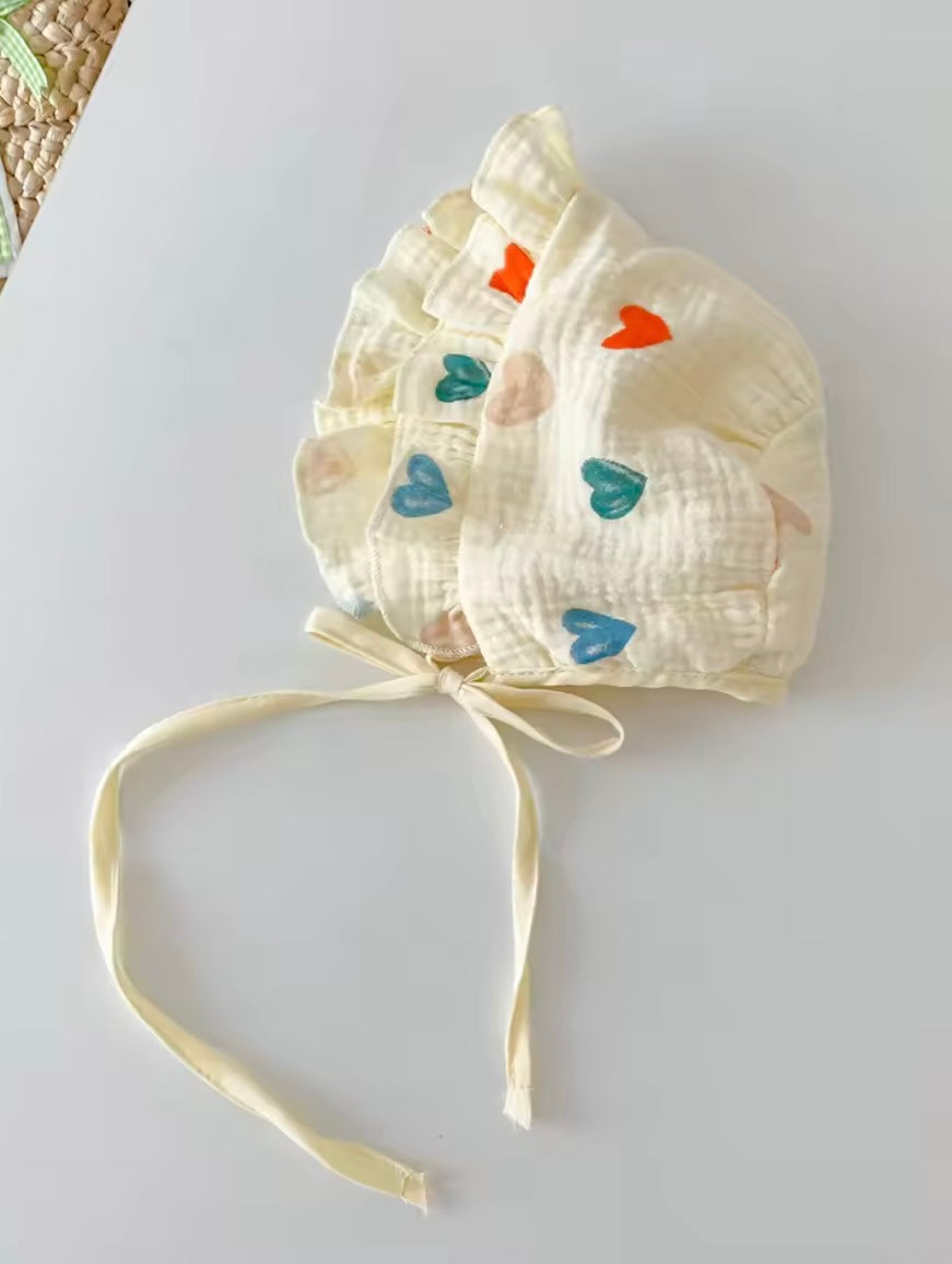 💕 Baby Girl Multi-Color Heart Romper with Matching Bonnet – Size 3–6M