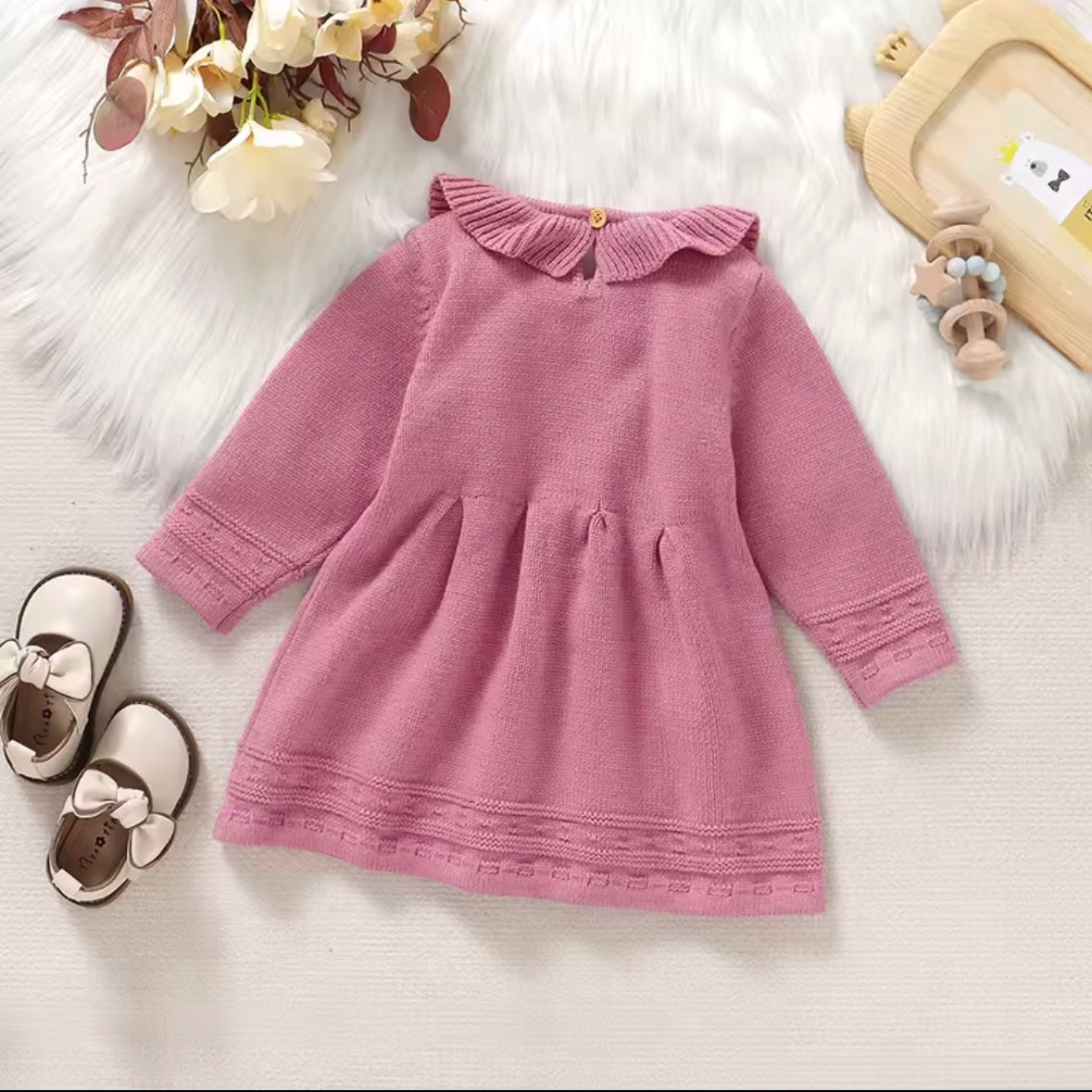 Luxury Knit Baby Sweater Dress • Dusty Rose Cable Knit • Soft Winter Dress • Size 9–12 Months • Holiday Photo Outfit • Adorable & High Quality