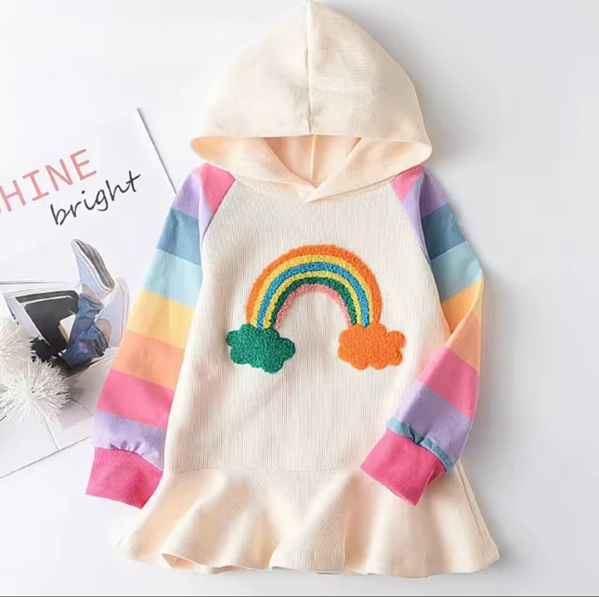 Rainbow Magic Hoodie Dress – Toddler & Girl’s Ruffle Hem Pullover with Colorful Sleeves