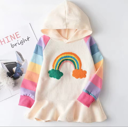 Rainbow Magic Hoodie Dress – Toddler & Girl’s Ruffle Hem Pullover with Colorful Sleeves
