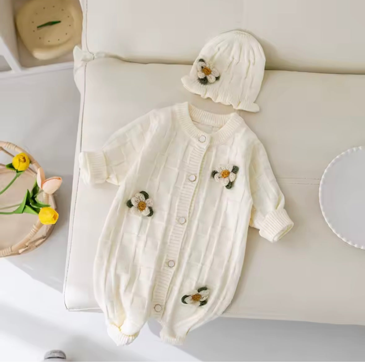 Crochet Flower Knit Baby Romper with Matching Hat – Cream (3–6M)