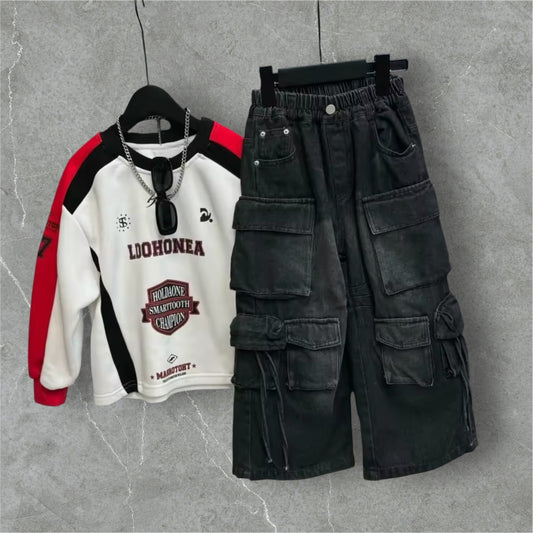 Premium Quality Streetwear Set – Racing Graphic Sweatshirt & Multi-Pocket Cargo Jeans (Size 4T)