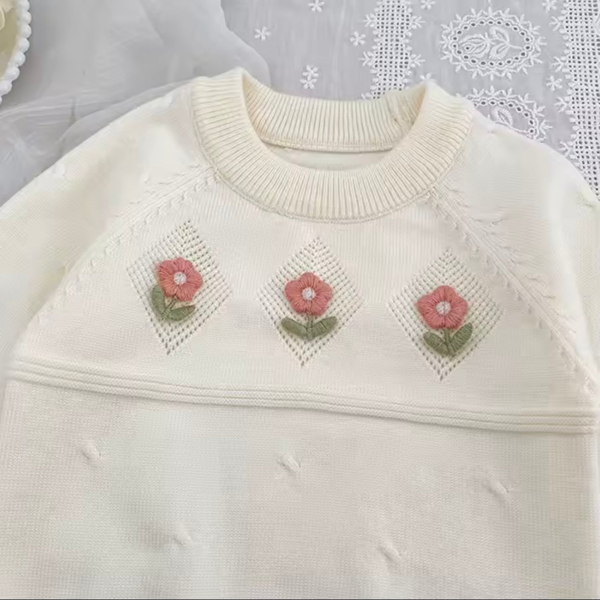 Cream Knit Floral Baby Outfit Set • 12M • Soft 2 Piece Sweater & Pants • Baby Girl Fall Winter Clothes • Cute Photo Outfit • Baby Shower Gift