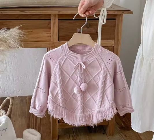 Toddler Girls’ Knit Poncho Sweater – Soft Pink Fringe with Pom-Poms (3T)