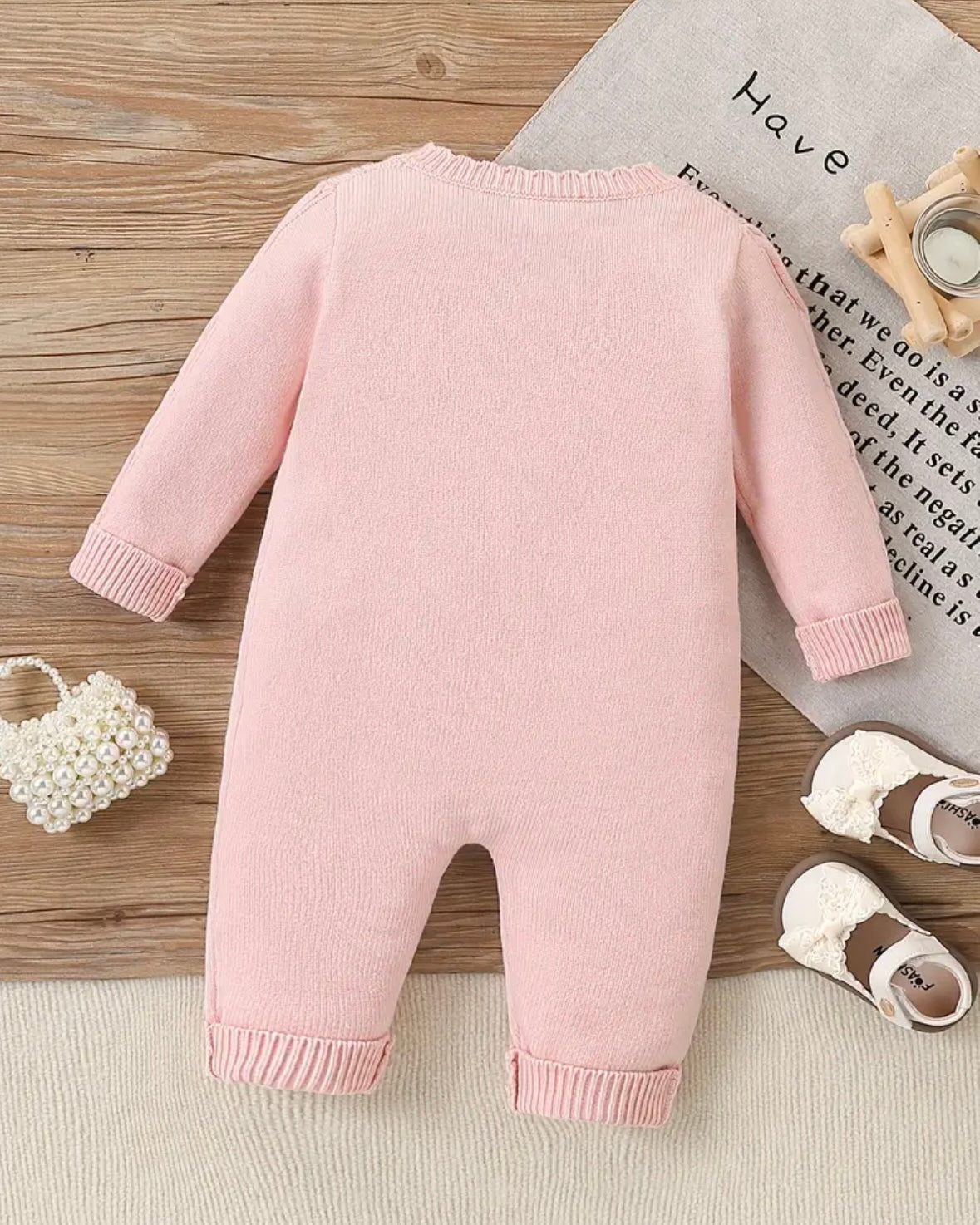 Luxurious and Softest Pink Knit Baby Romper | Hand-Embroidered Floral Jumpsuit | Adorable Photo Outfit | Perfect Gift